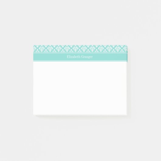 Turquoise Wht Damask #3 Turq Naam Monogram Post-it® Notes (Voorkant)