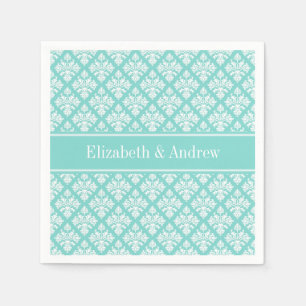 Turquoise Wht Damask #3 Turq Naam Monogram Servet