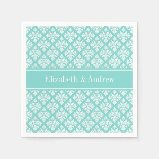 Turquoise Wht Damask #3 Turq Naam Monogram Servet (Voorkant)