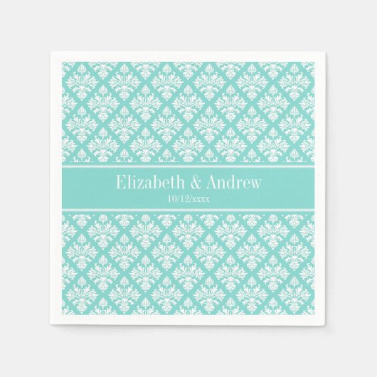  Turquoise Wht Damask #3 Turq Naam Monogram Servetten (Voorkant)