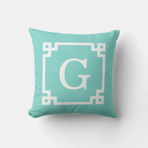 Turquoise Wht Griekse Sleutel Montuur #2 Initiele  Kussen