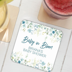 Turquoise wilde bloemen jongens babyshower kartonnen onderzetters