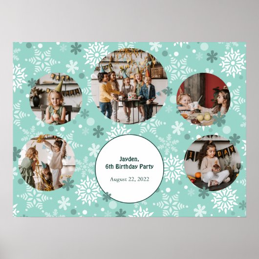 Turquoise Winter Birthday Party Photo Collage Poster (Voorkant)