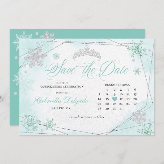 Turquoise Winter Wonderland Sneeuw Save the Date Kaart (Voorkant / Achterkant)