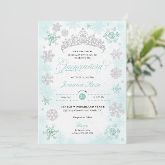 Turquoise Winter Wonderland Sneeuwvlok Quinceanera Kaart (Staand voorkant)