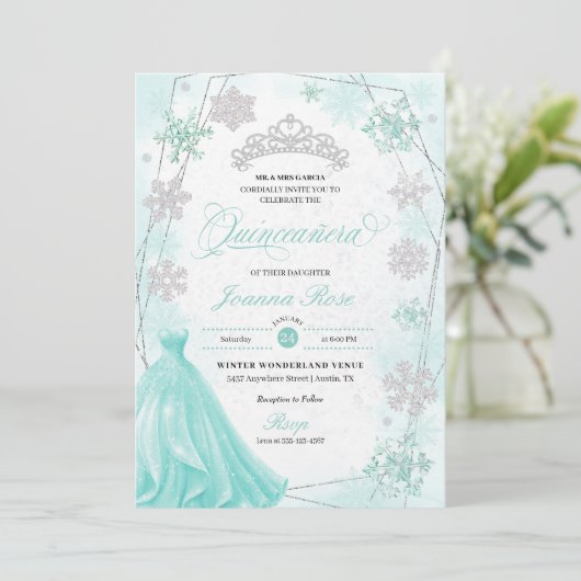 Turquoise Winter Wonderland Sneeuwvlok Quinceanera Kaart (Staand voorkant)