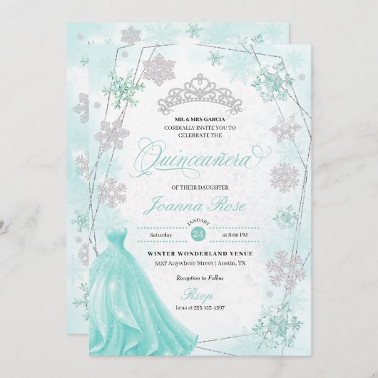Turquoise Winter Wonderland Sneeuwvlok Quinceanera Kaart (Voorkant / Achterkant)