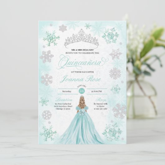 Turquoise Winter Wonderland Sneeuwvlok Quinceanera Kaart (Staand voorkant)