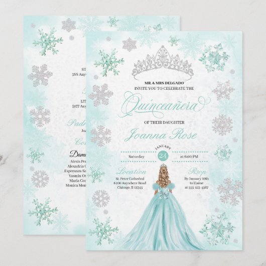Turquoise Winter Wonderland Sneeuwvlok Quinceanera Kaart (Voorkant / Achterkant)