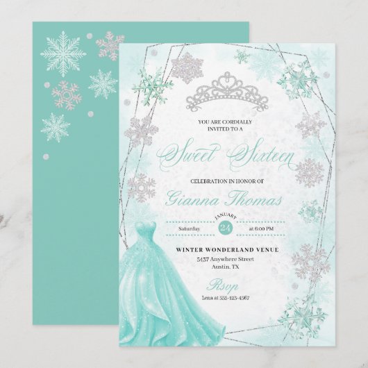 Turquoise Winter Wonderland Sneeuwvlok Zoet 16 Kaart (Voorkant / Achterkant)
