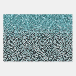 Turquoise Wit Blauw Luipaard Print Glitter Inpakpapier Vel