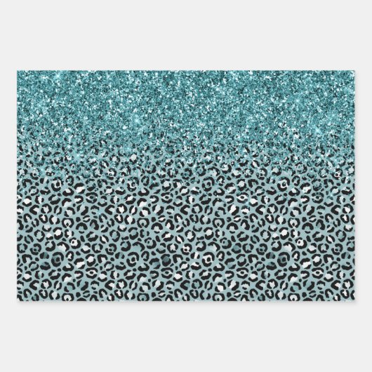 Turquoise Wit Blauw Luipaard Print Glitter Inpakpapier Vel (Voorkant)
