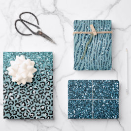 Turquoise Wit Blauw Luipaard Print Glitter Inpakpapier Vel
