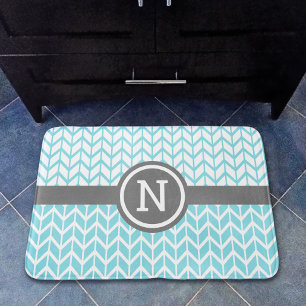 Turquoise Wit Chevron Patroon Monogram Grijs Vet Badmat