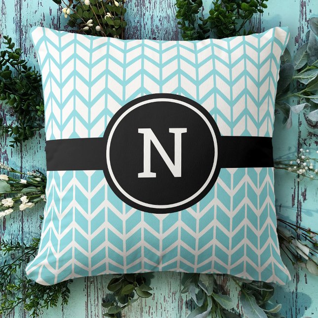 Turquoise wit Chevron patroon Monogram Modern Kussen (Creator heeft geüpload)