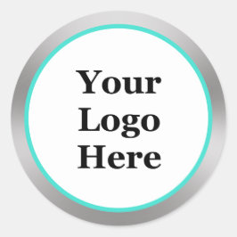 Turquoise Wit en Zilver Uw Logo Hier Sjabloon Ronde Sticker