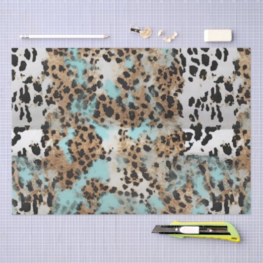 Turquoise Wit Goud Zwart Luipaard Tissuepapier (Craft)
