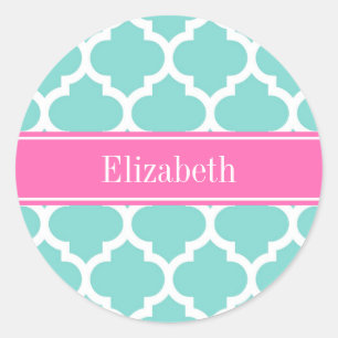 Turquoise Wit Marokkaans #5 Hot Roze2 Naam Monogra Ronde Sticker