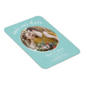 Turquoise & Wit Modern Rond Foto Save the Date Magneet (Rechterzijde)