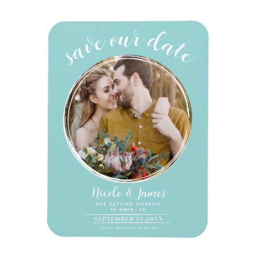 Turquoise & Wit Modern Rond Foto Save the Date Magneet (Verticaal)