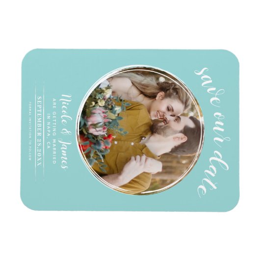 Turquoise & Wit Moderne Ronde Foto Save the Date Magneet (Horizontaal)