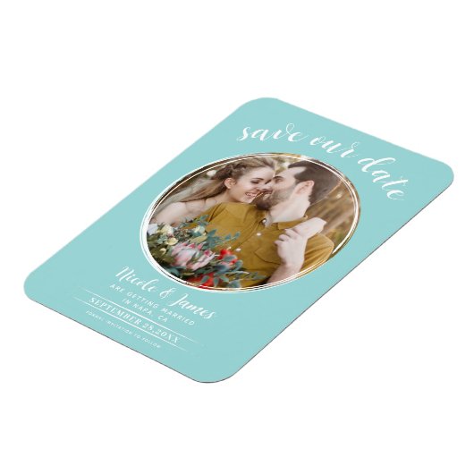 Turquoise & Wit Moderne Ronde Foto Save the Date Magneet (Linkerzijde)