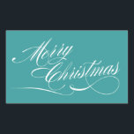 Turquoise Wit Script Merry Christmas Stickers<br><div class="desc">Elegante turquoise en witte vrolijke kerst met witte script lettertype tekst om uw kerstcadeaus en feestdagen cadeaus te versieren. Selecteer "aanpassen" om de achtergrondkleur te bewerken. De grootte en de vorm van de sticker kunnen worden gewijzigd. Controleer het scherm om er zeker van te zijn dat uw sticker er goed...</div>
