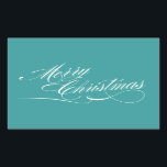 Turquoise Wit Script Merry Christmas Stickers<br><div class="desc">Elegante turquoise en witte vrolijke kerst met witte script lettertype tekst om uw kerstcadeaus en feestdagen cadeaus te versieren. Selecteer "aanpassen" om de achtergrondkleur te bewerken. De grootte en de vorm van de sticker kunnen worden gewijzigd. Controleer het scherm om er zeker van te zijn dat uw sticker er goed...</div>
