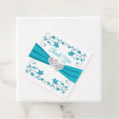 Turquoise, wit, zilveren liefdesharten bruiloft bedankjes labels (In situ)