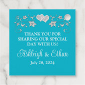 Turquoise, wit, zilveren liefdesharten bruiloft bedankjes labels (Achterkant)