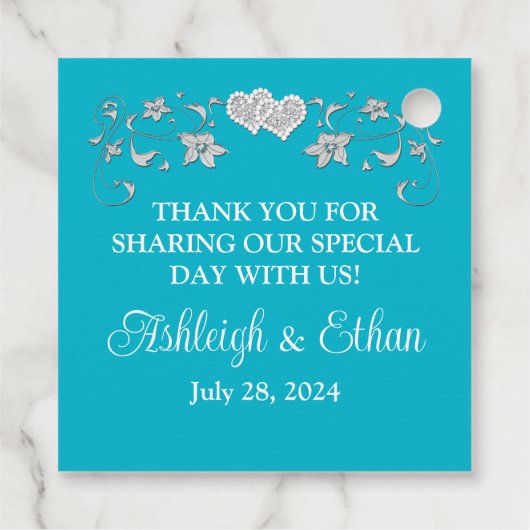 Turquoise, wit, zilveren liefdesharten bruiloft bedankjes labels (Achterkant)