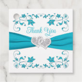 Turquoise, wit, zilveren liefdesharten bruiloft bedankjes labels (Voorkant)