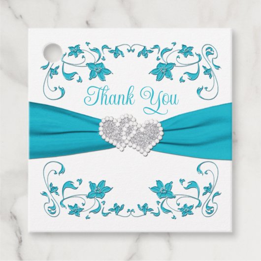 Turquoise, wit, zilveren liefdesharten bruiloft bedankjes labels (Voorkant)