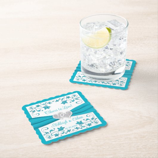 Turquoise, wit, zilveren liefdesharten bruiloft kartonnen onderzetters (Insitu)