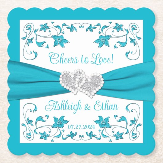 Turquoise, wit, zilveren liefdesharten bruiloft kartonnen onderzetters (Voorkant)