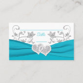 Turquoise, wit, zilveren liefdesharten bruiloft plaatskaartje (Voorkant)