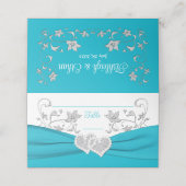Turquoise, wit, zilveren liefdesharten bruiloft plaatskaartje (Buitenkant ongevouwen)