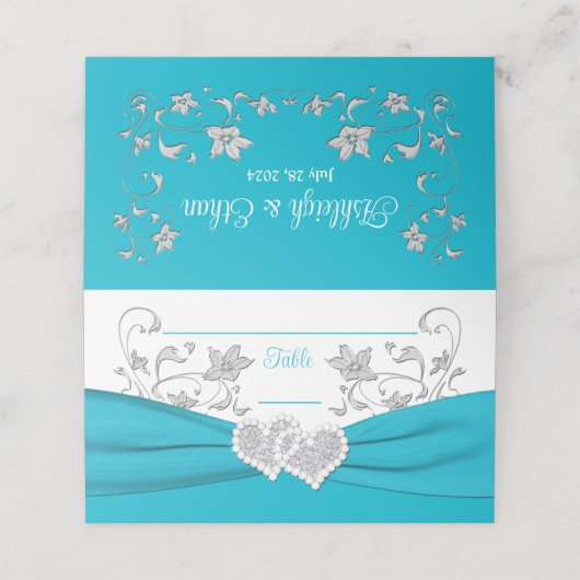 Turquoise, wit, zilveren liefdesharten bruiloft plaatskaartje (Buitenkant ongevouwen)