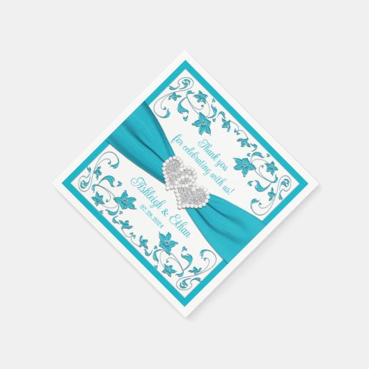 Turquoise, wit, zilveren liefdesharten bruiloft servet (Hoek)