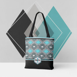 Turquoise, Wit & Zwarte Tribale Tapijt Tote Bag