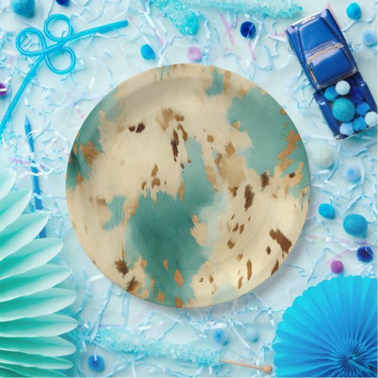 Turquoise witgouden Koeienhuid Papieren Bordje (Feest)