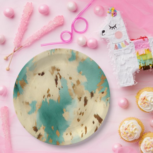 Turquoise witgouden Koeienhuid Papieren Bordje (Feest)