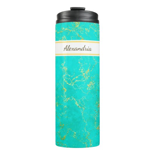 Turquoise with Gold Veins Stone Pattern and Name Thermosbeker (Voorkant)
