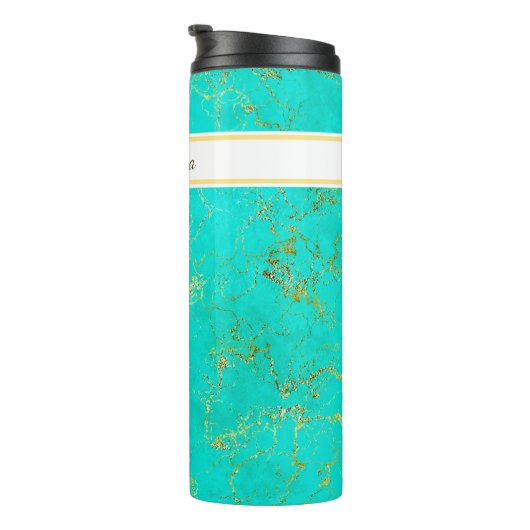 Turquoise with Gold Veins Stone Pattern and Name Thermosbeker (Geroteerd rechts)