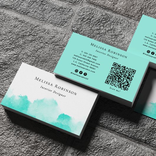 Turquoise & Witte Abstracte Chic Waterverf QR Code Visitekaartje