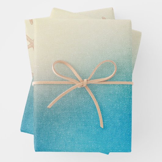 Turquoise Witte Aqua Blauwe Zeester Strand Bruilof Inpakpapier Vel (In situ)
