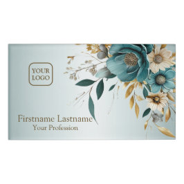 Turquoise witte bloem gouden bladeren elegant naambadge