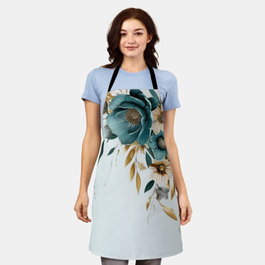 Turquoise witte bloem gouden bladeren elegant schort (Gedragen)