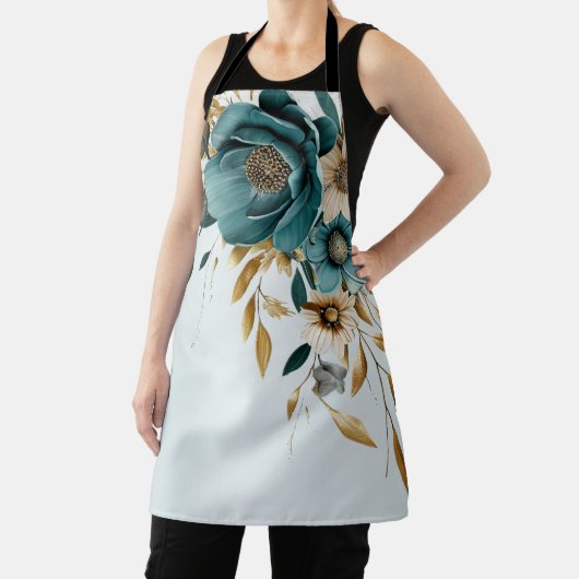 Turquoise witte bloem gouden bladeren elegant schort (Insitu)