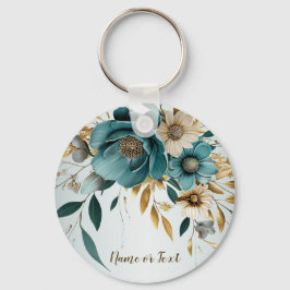 Turquoise Witte Bloem Gouden Bladeren Elegant Sleutelhanger